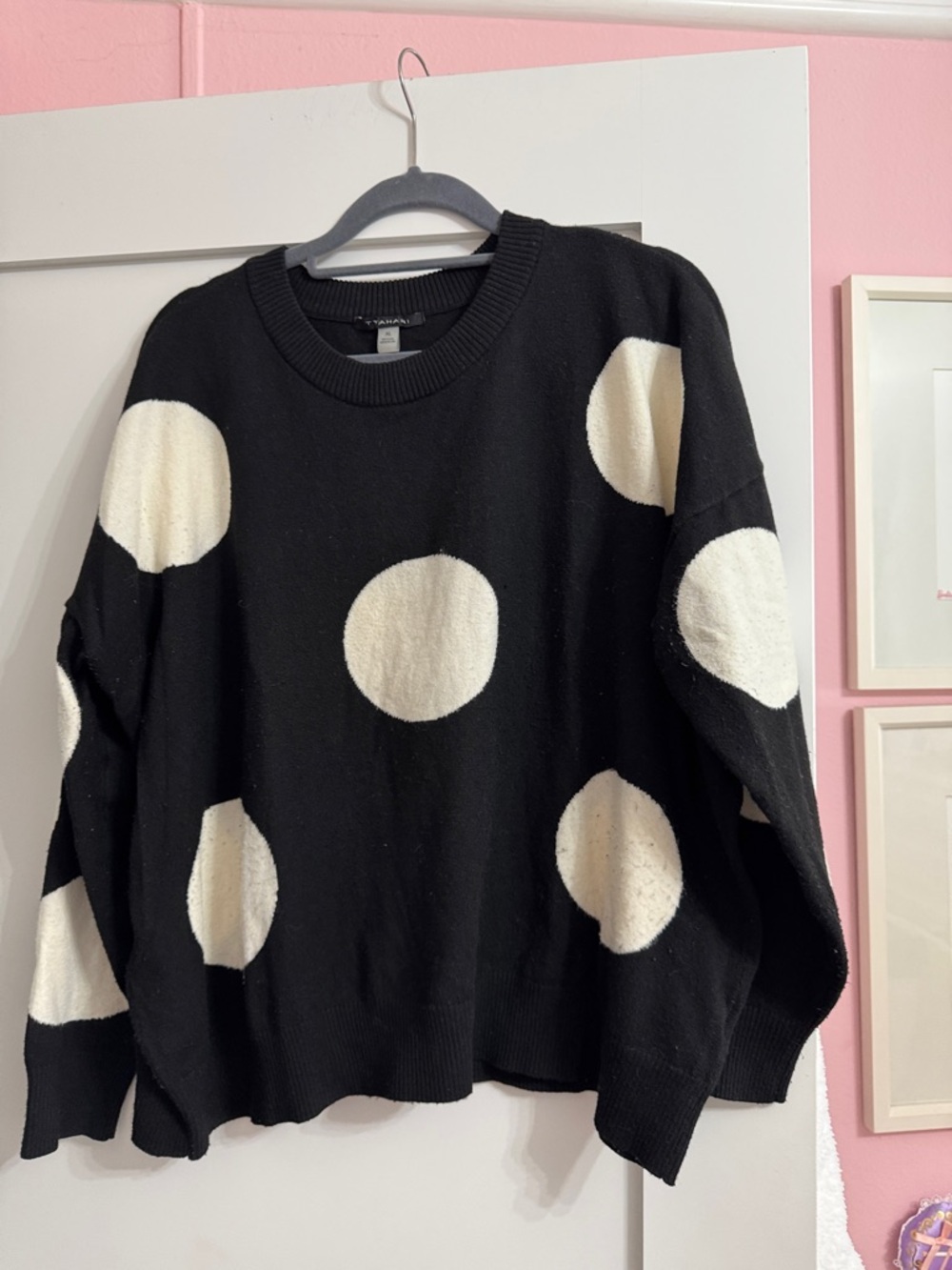 T Tahari Black Sweater with Cream Polka Dots